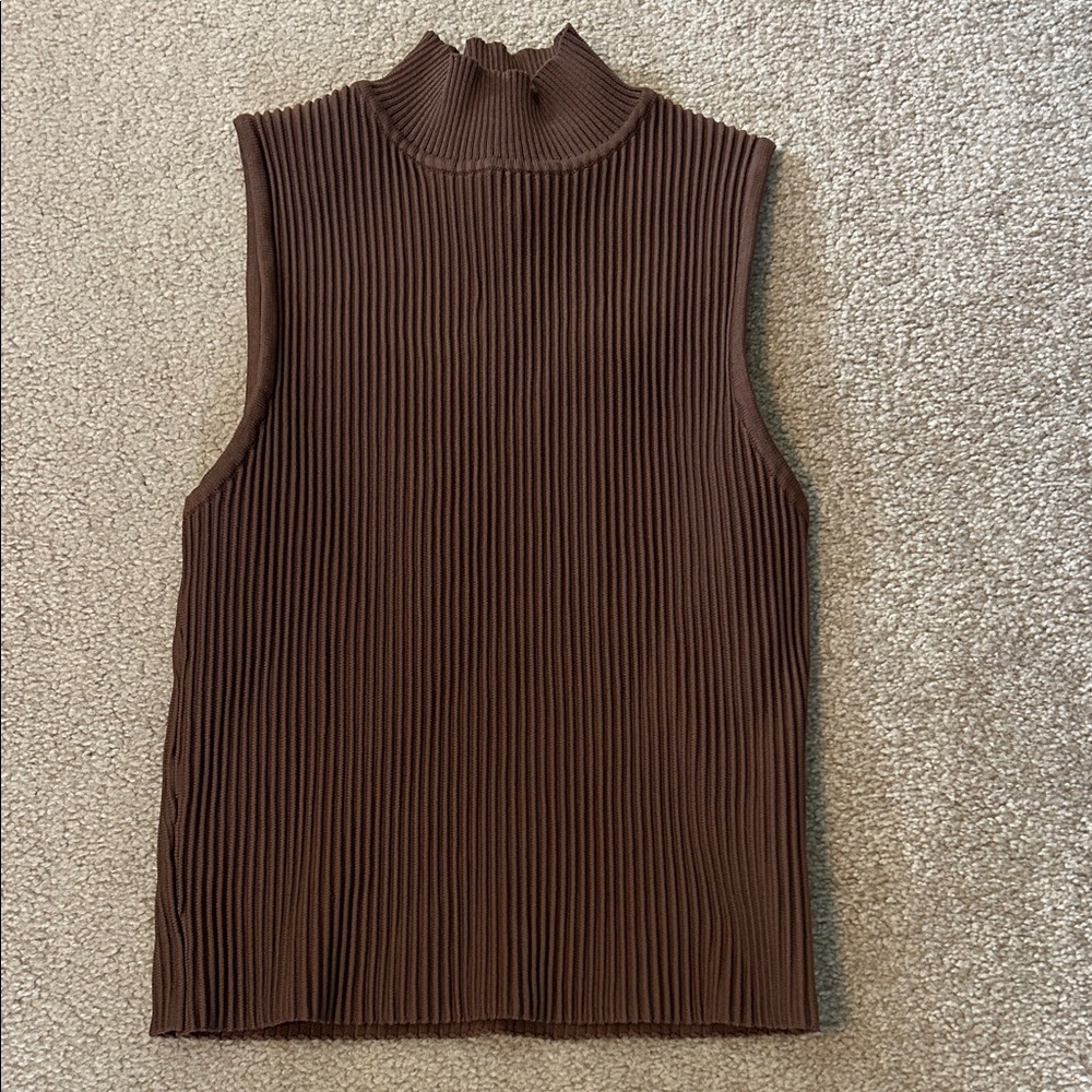 Sleeveless Ribbed Mock Neck Top - Brown - Picture 1 of 2